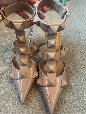 Valentino Garavani Blush Patent Pyramid-Stud Pointed T-Strap Pumps